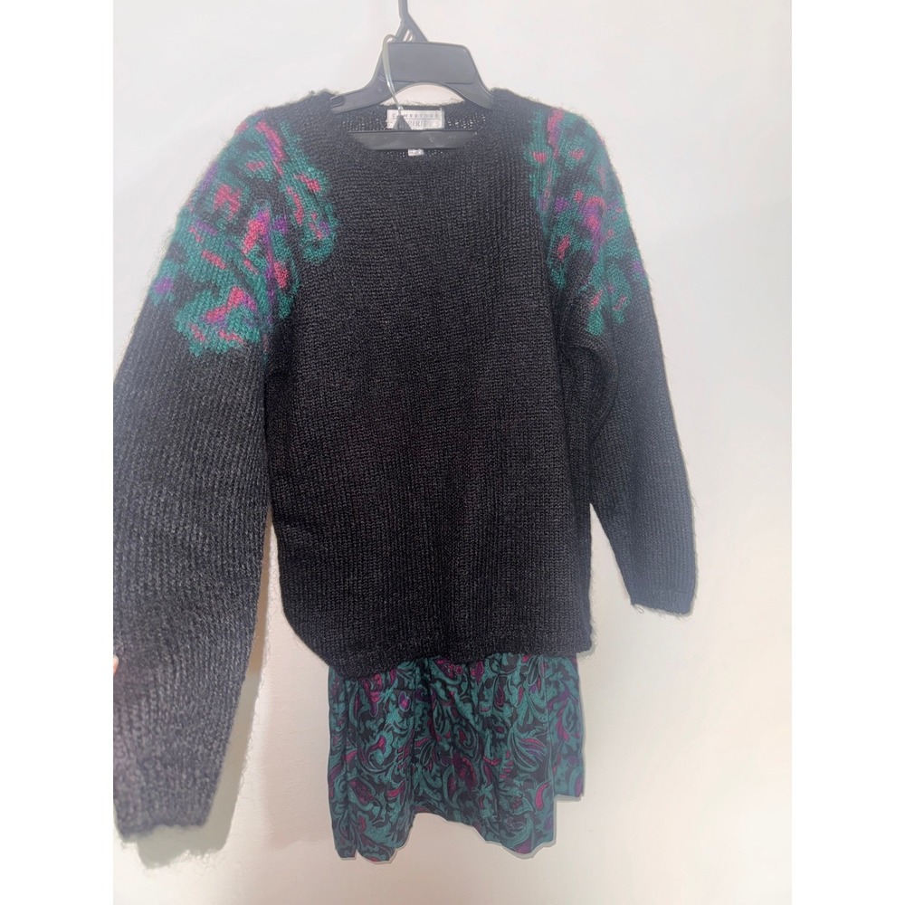 Vintage Cambridge Spirit Mohair Sweater Paisley Skirt Set Blk Teal Magenta L/14